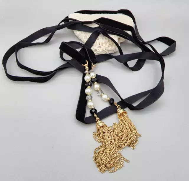 Vanessa Mooney Faceted Beads Pearls Gold Tone Tassel Black Cord Lariat Necklace