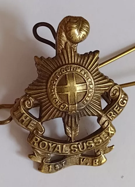 1st Volunteer Battalion Royal Sussex Regiment Cap Badge All Brass 3 Lugs - RARE