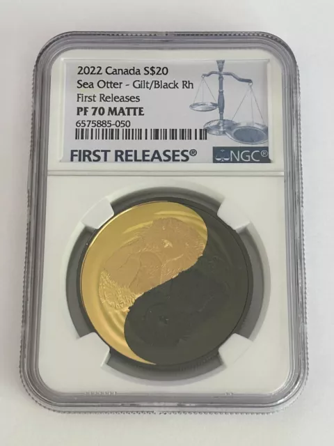 FIRST RELEASES 2022 $20 1oz Canada Sea Otter Black & Gold Silver NGC PF 70 Matte