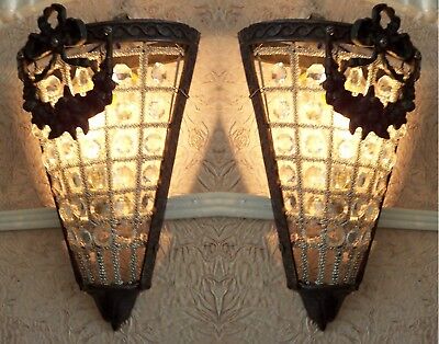 2 Antique Replica Crystal Basket Brass Bird Cage Triangle Wall Sconces Appliques