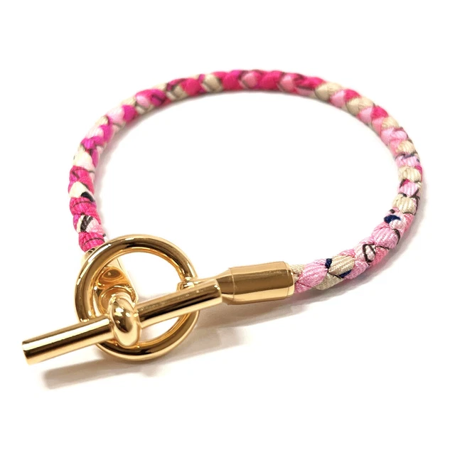 HERMES Bracelet Accessories Glenan Double Tour Silk/GP Pink with Storage Box