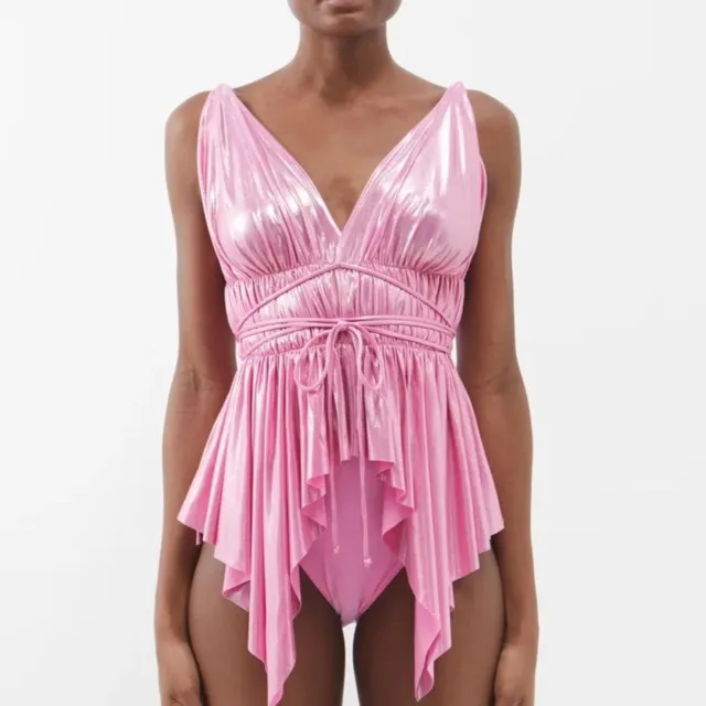 NWT! Norma Kamali Greek Goddess Pink Ruched Metallic-Jersey Swimsuit 🏛️🩷