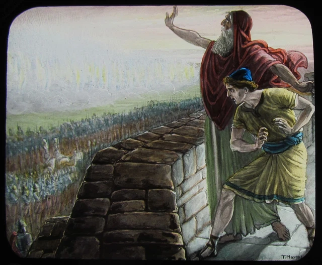COLOUR Glass Magic Lantern Slide THE HORDES AROUND ELIJAH C1900 RELIGIOUS BIBLE