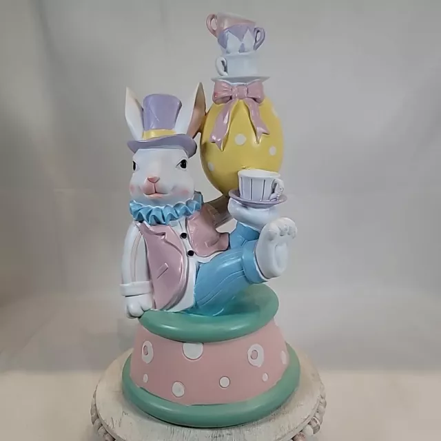 Whimsical Pastel Easter Mad Hatter Bunny Rabbit Balancing Teacups Figurine 12"