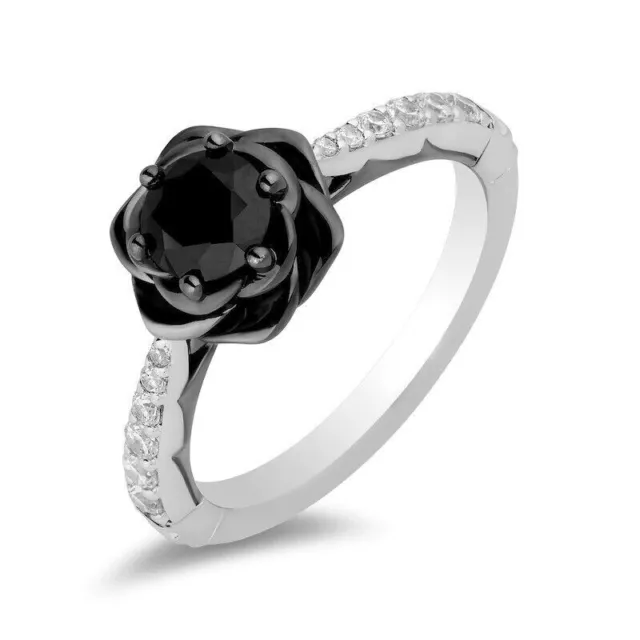 1/2Ct Onyx & Lab Created Diamond Black Flower Engagement Wedding 925 Silver Ring