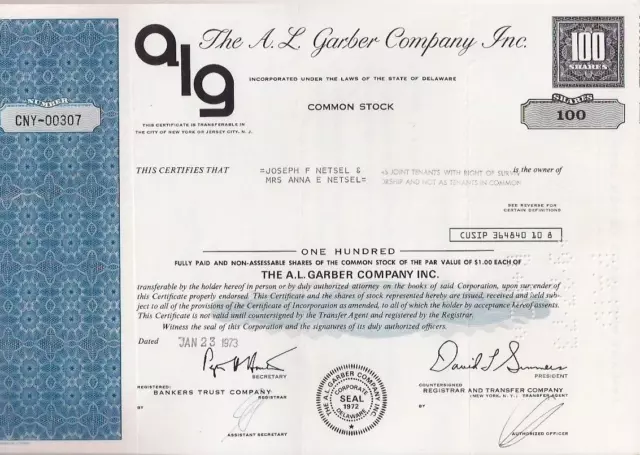 A. L. Garber Company Inc 100 Shares Common Stock CUSIP:364840 10 8 -Jan 23, 1973