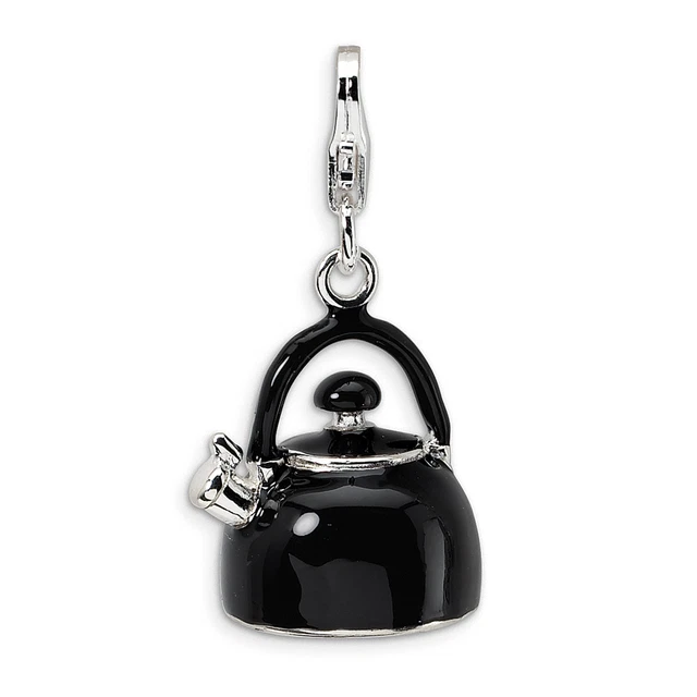 BLACK TEA KETTLE Charm 3D Enameled .925 Sterling Silver Clip On Amore