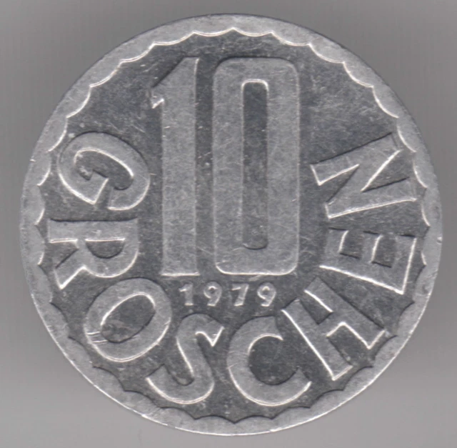 Austria 10 Groschen 1979 Aluminum Coin - Republic of Austria Eagle Escutcheon