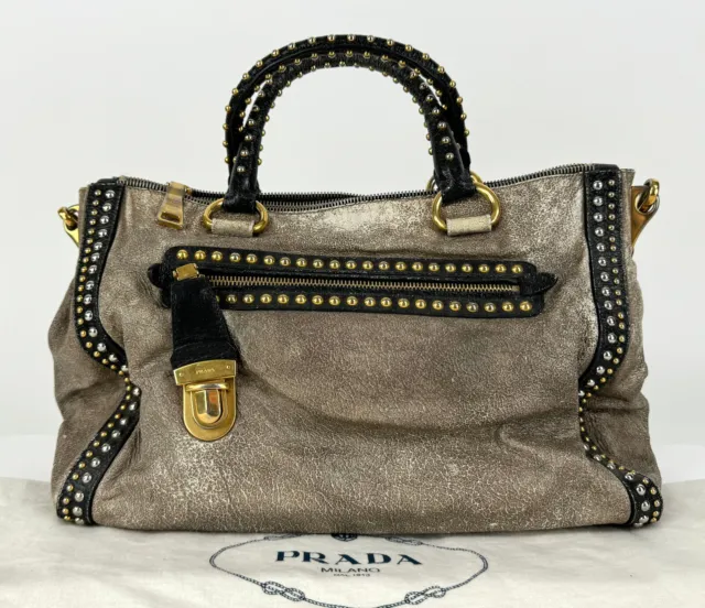 Prada Auth Talco Craquele Leather Gold Silver Studded Handbag Tote Shoulder Bag