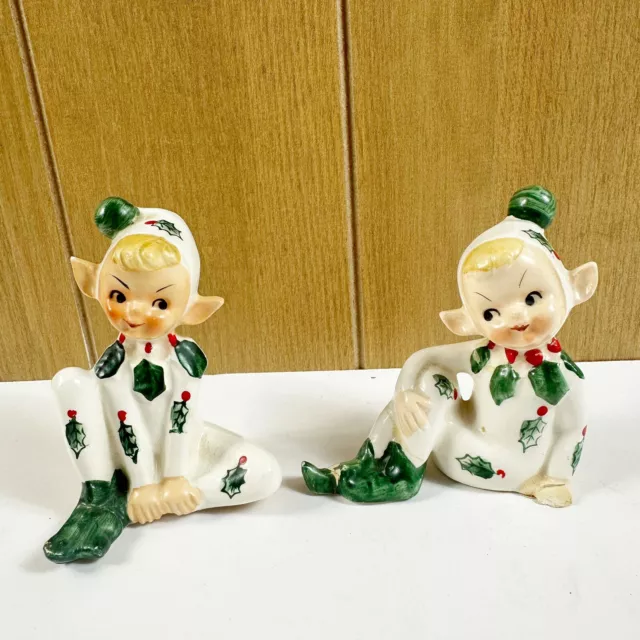 Vtg Lefton Christmas Holly Berry Blond Pixie Elf Salt Pepper Shakers Damaged