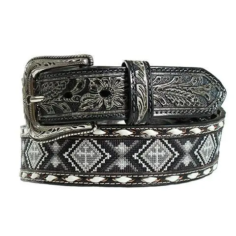 Nocona Western Mens Belt Leather Beaded Cross Buck Stitch Black N210005501