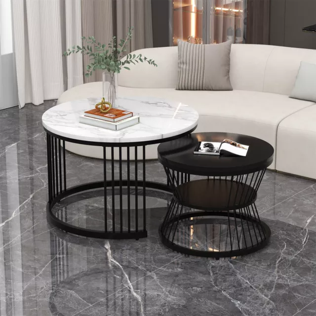 Round Coffee Tables Set of 2 End Table Nesting Tables Marble Pattern Living Room