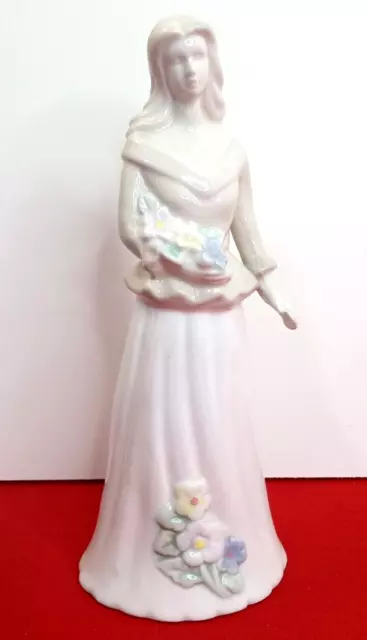Porcelain Woman Holding Flowers Wearing Floral Patterned Dress Figurine
