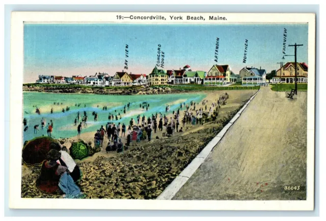 c1920's Concordville Bathing Beach View York Beach Maine ME Vintage Postcard