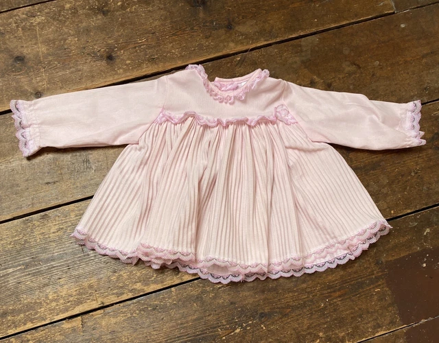Abito vintage per bambina 0-3-6 mesi a pieghe rosa maniche lunghe anni '90