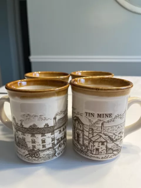 VTG Set of 4 BILTONS 3D Emboss ENGLISH VILLAGE COTTAGE Scene 9oz Mug Cup England