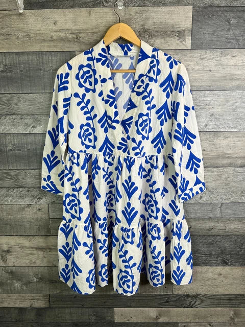 blue smock dress zara ZARA SMOCK MINI Dress Size Small White Blue Abstract Floral Print Blogger  Fave! £25.00