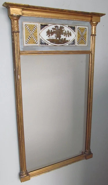 19Th C Federal Period Eglomise Paneled Gold Gilded Antique Mirror ~~ Nyc
