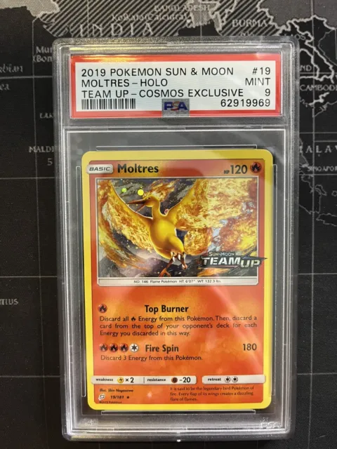 PSA 9 Moltres 19/181 Cosmos Holo Team Up Prerelease Stamped Pokemon TCG - Mint