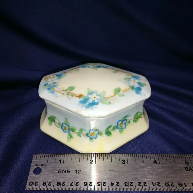 Vintage 4" MZ Austria Hand Painted Blue Floral Porcelain Lidded Trinket Ring Box