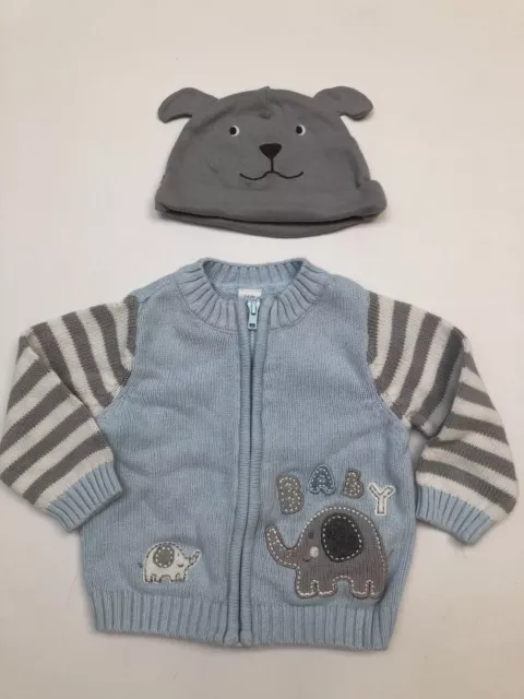 Baby Boys Blue gray white Sweater & hat with elephant size 3-6 Mo.