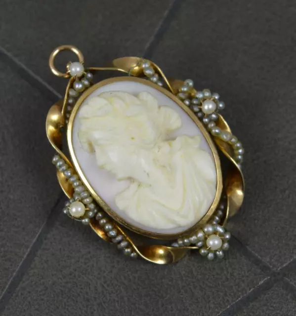 Victorian 10ct Gold Hand Carved Cameo and Seed Pearl Brooch