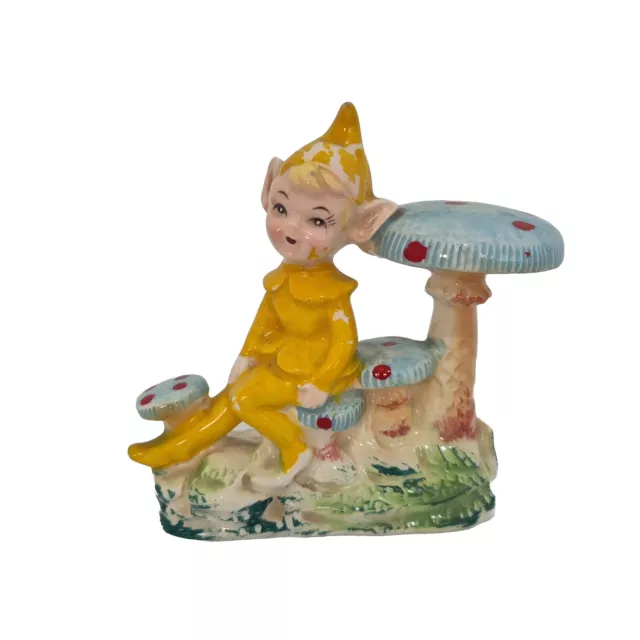 Vintage Ceramic Yellow Pixie Elf Sitting Figurine Toadstool Mushroom