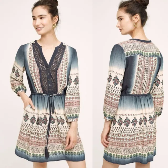 Anthropologie Floreat Peasant Dress Crochet Block Print Long Sleeve Size 8