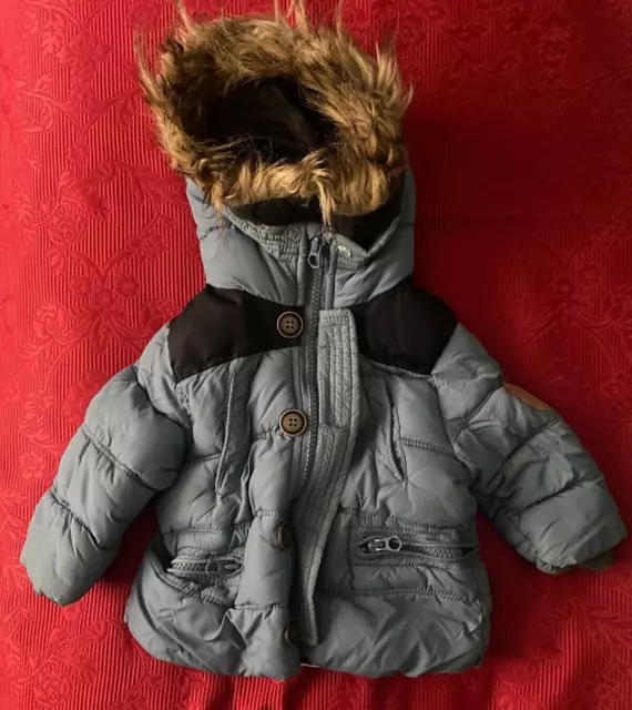 Zara Baby Boy Blue Coat With Hood Detachable Fur Trim Size 3-6  Months MC152