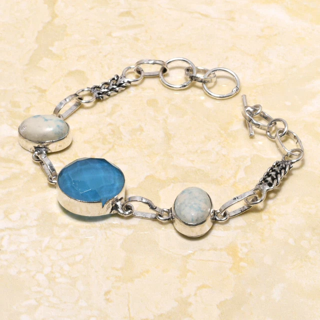 Swiss Blue Topaz, Mosaic Jasper Gemstone Handmade Gift Jewelry Bracelet 7-8" J81
