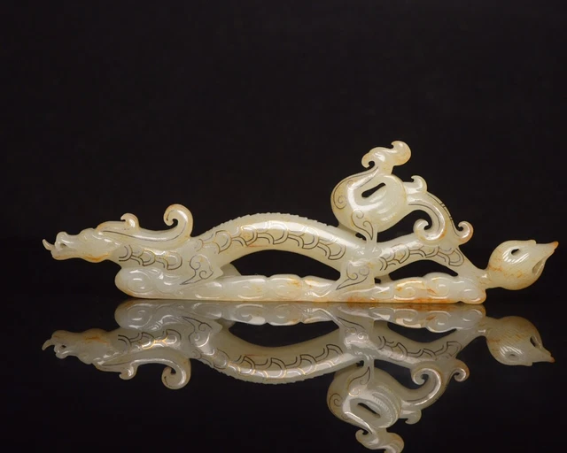 Chinese Exquisite Handmade Dragon Phoenix Inlaid Silver Wire Hetian Jade Statue