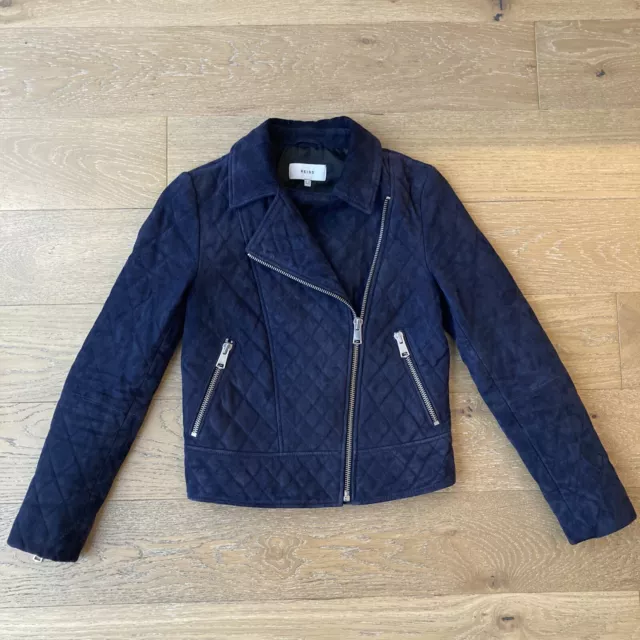 Reiss Amie Goat Leather Suede Jacket Womens UK 10 Blue Quilted Biker Short VGC