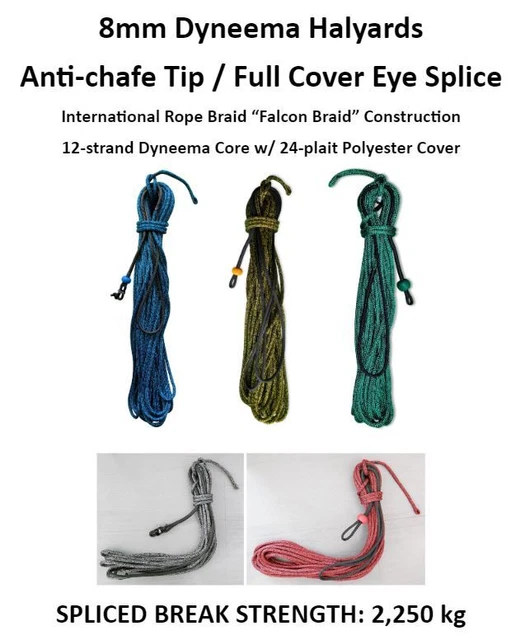 8mm Spliced Dyneema Halyard/Sheet +Anti Chafe Tip: Custom Length/Colour/Hardware