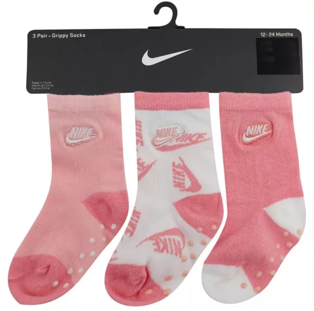 Nike Baby Girls Socks 3 Pairs Grip Grippy Size 6 to 24 Months Pink White BNWT