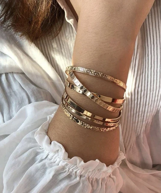 6X BRACELET DORÉ Or Femme Lot Bijoux Gravé Multi Rangs Jaune Jonc