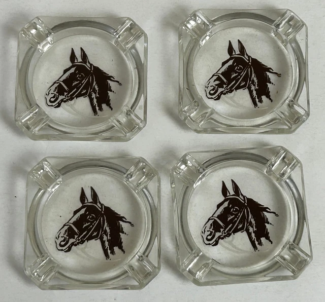 Western Horse Glass Ashtray 4pc Set Vintage UNUSED Equestrian Barn Country Décor