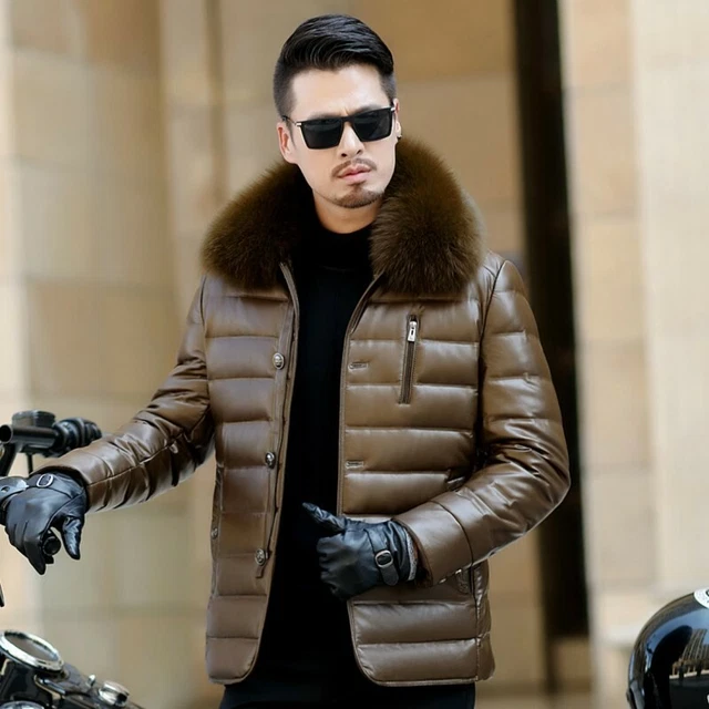 Winter Mens Luxury Leather Jacket Fur Collar Outerwear Puffer Duck down Coat New