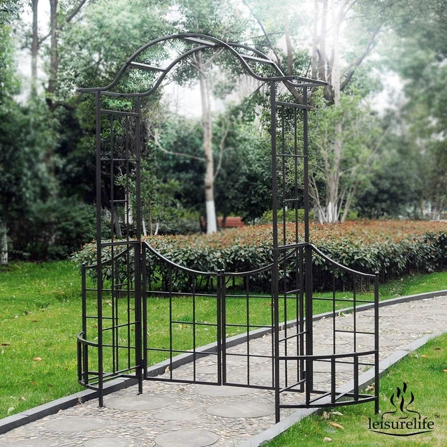 DECORATIVE STEEL GARDEN Arch Arbor Trellis with Gate and Fence Planter