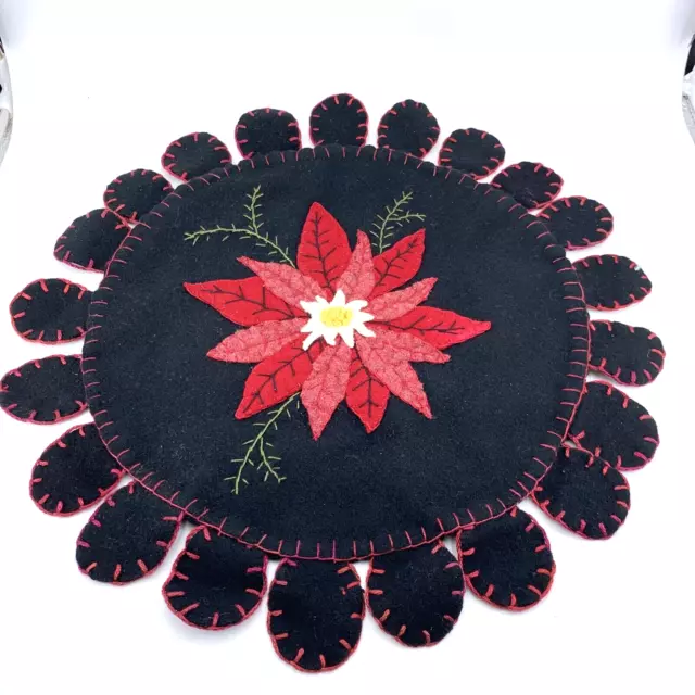 Boiled Wool Doily Poinsettia Country Christmas Candle Mat Round 18" Hand Crafted