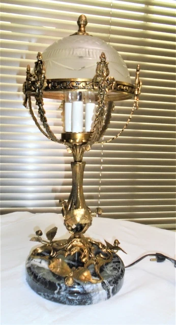Antique French Louis XV Style Ormolu Lamp Bronze Acorn Leaves Marble Base