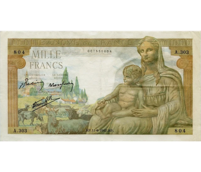 #66101 - 1000 Francs DÉESSE DÉMÉTER FRANCE 1942 F.40.2 condition : VF