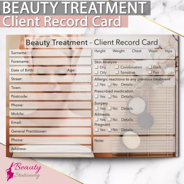 Beauty Client Record Card NEW - PREMIUM Treatment Consultation Beauty Salons A6