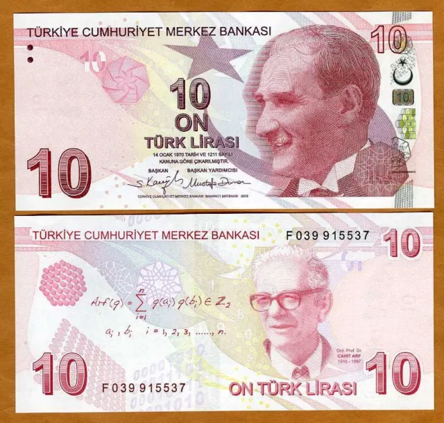Turkey, 10 Lira 2009 (2022), P-223f, F-Prefix UNC Mathematician