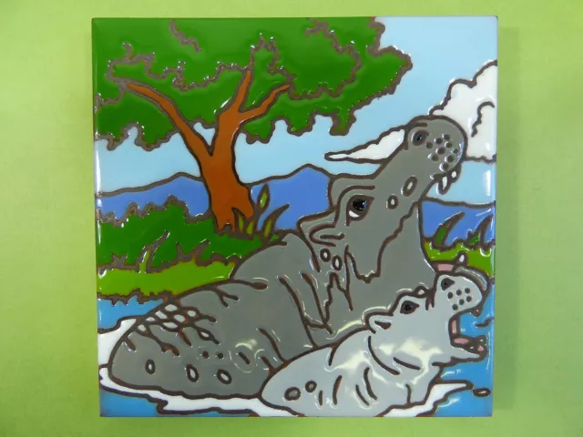 Ceramic Art Tile 6"x6" Hand painted Hippopotamus Hippo colorful trivet wall G43