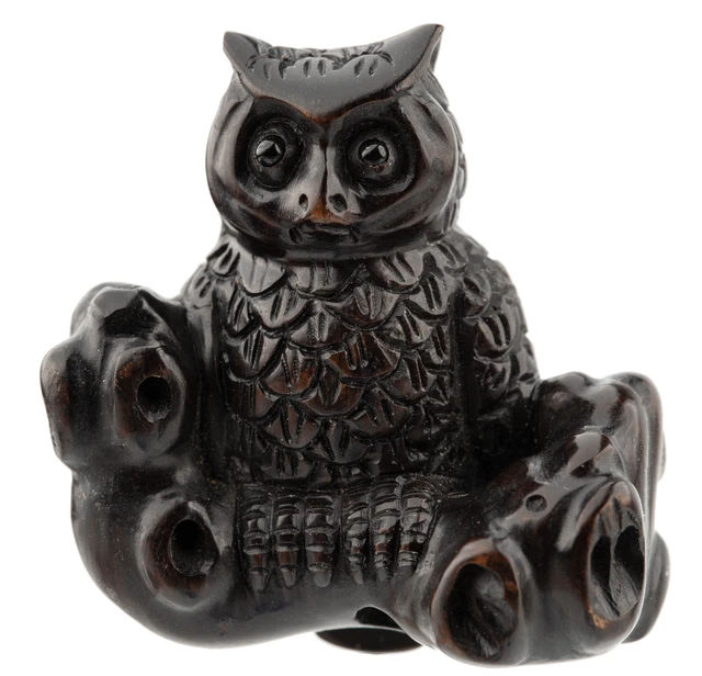 A Japanese Wooden Carved And Signed Netsuke of An Owl