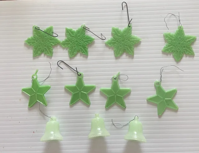 11 Vintage Green  CELLULOID CHRISTMAS ORNAMENTS, Stars, Snowflakes, Bells 2”