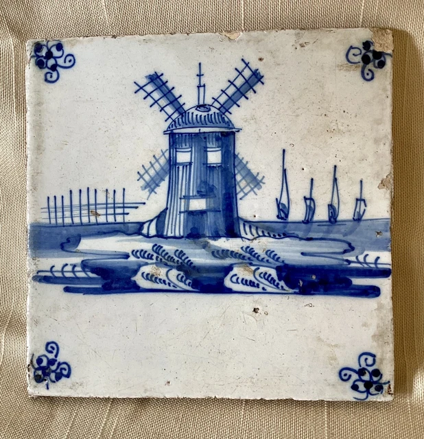 Antique 18th Century Dutch Delft Tile, Blue & White