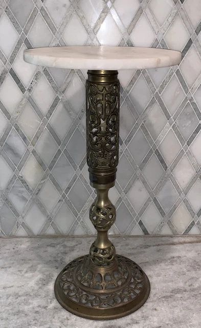 Vintage Marble Top Detailed Brass Pillar Drink Cocktail Holders 18.75”T 10”Diam