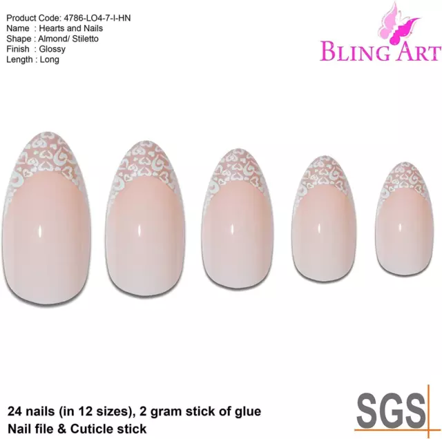 Bling Art Almond False Nails Fake Stiletto White Hearts 24 Acrylic Long 3