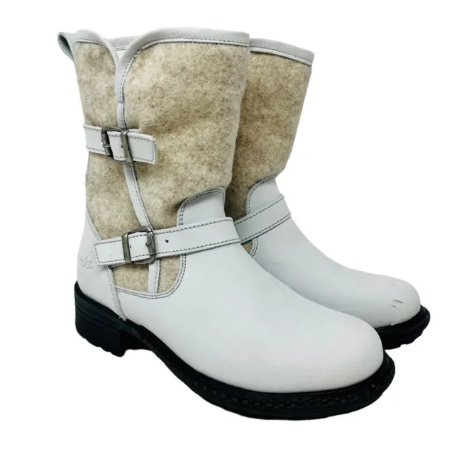 BOS & CO White Leather Shearling Saint Boots Sz 38 7.5 8 Tweed Buckle Zipper